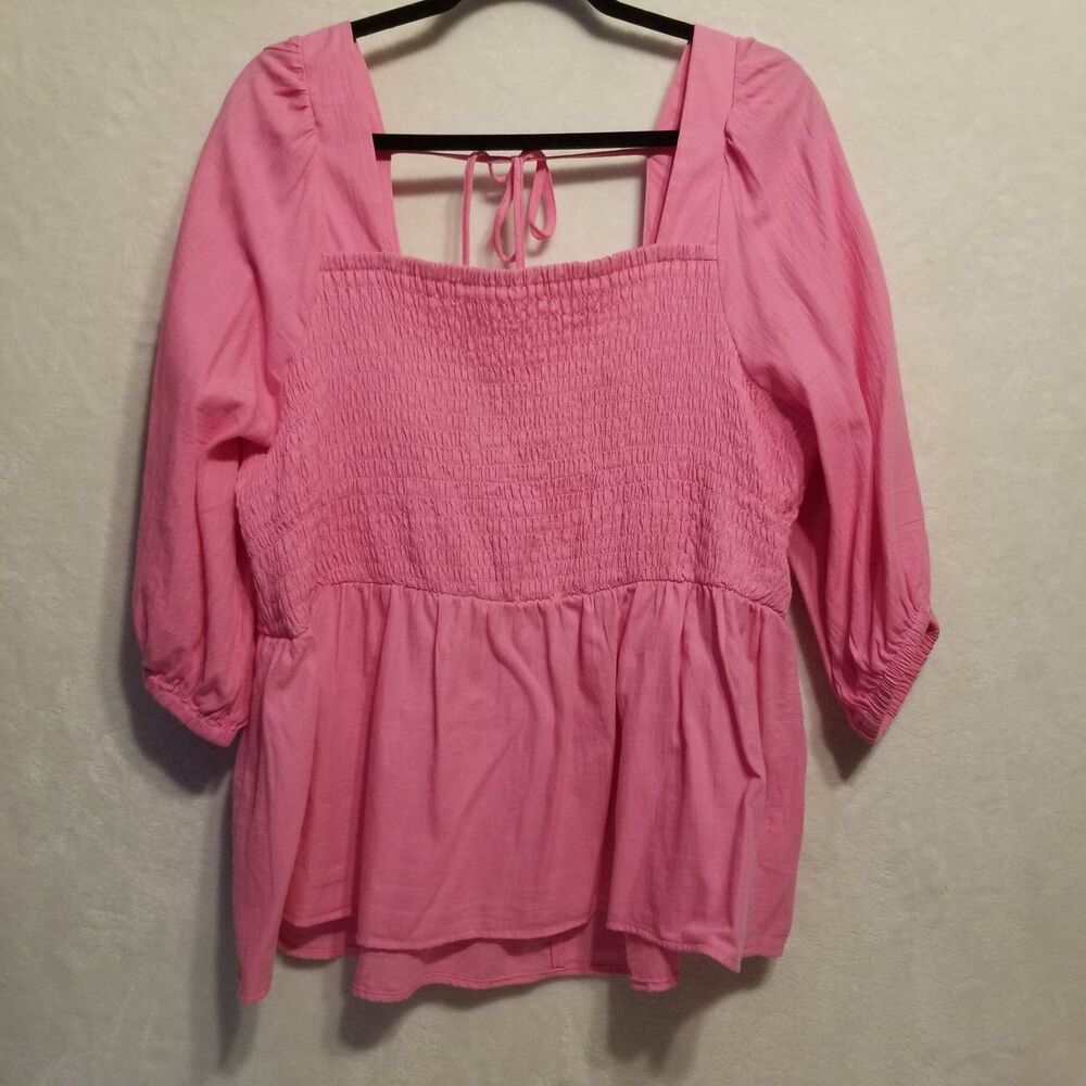 Ava & Viv 1X Top Cotton Smocked Peplum Pink Puff Sleeve Square Neck Milkmaid